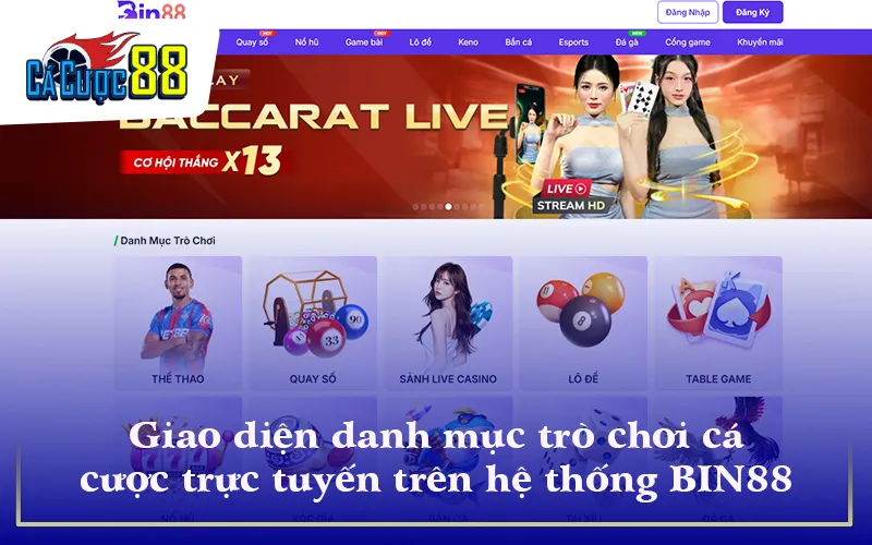 Giao diện danh mục trò chơi cá cược trực tuyến trên hệ thống BIN88